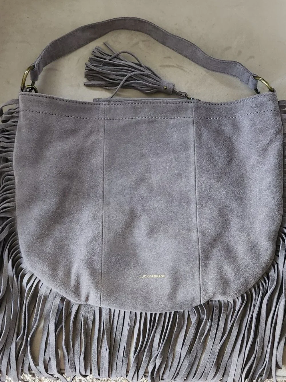 Lucky Brand Rickey Gray Suede Leather Fringe Hobo Bag NWOT